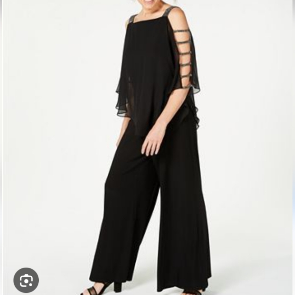 MSK Embellished Chiffon-Overlay Black Women's Wide Leg Jumpsuit Size 12